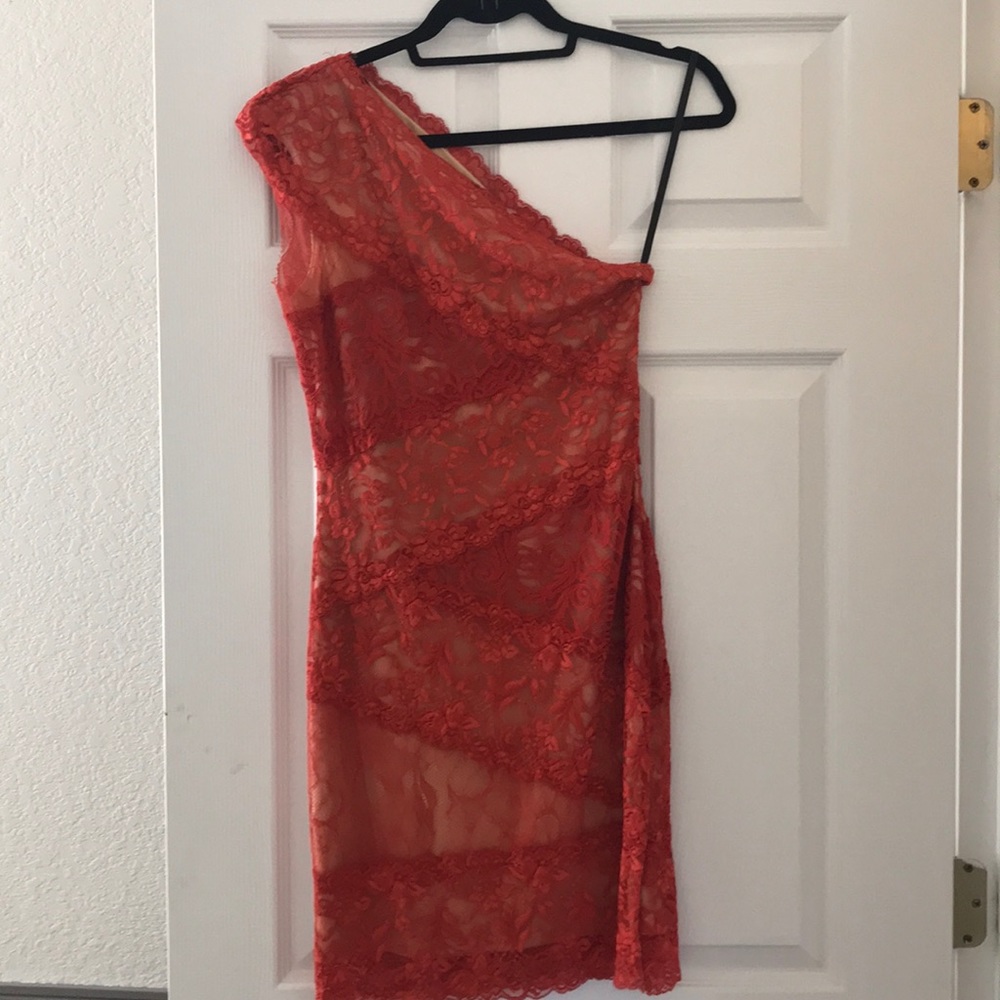 Bebe Red lace one shoulder dress